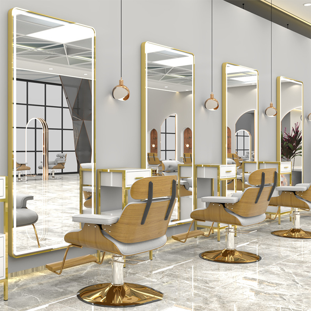 Goud Luxe Led Lamp Spiegelkast Voor Kapsalon Schoonheidssalon Led Schoonheidssalon Spiegel Met Deur Styling Spiegel Voor Kapsalon