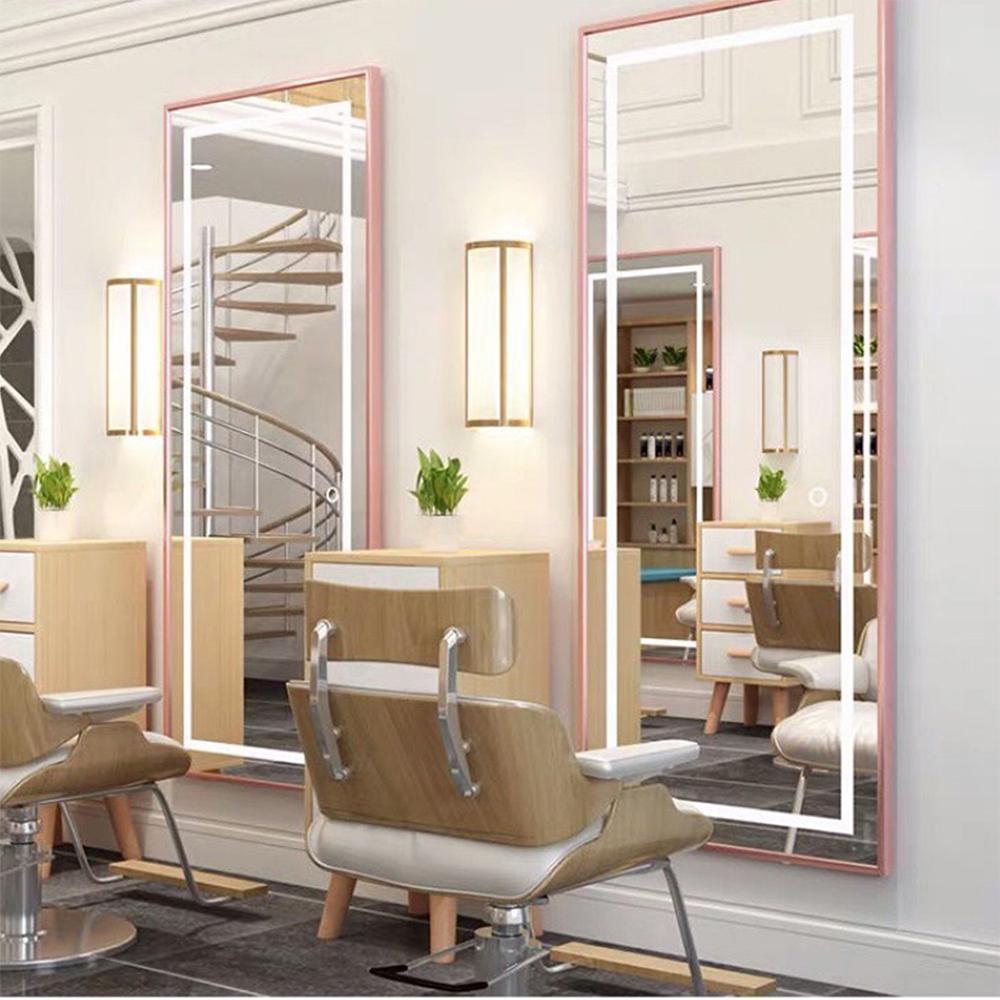 Roze haakse led-lichtspiegelkast voor kapsalonspiegel met deurstylingspiegel