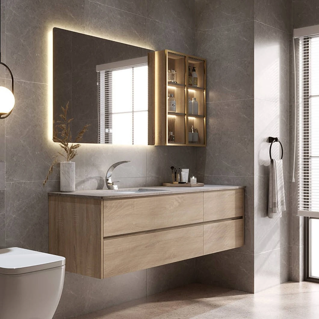Fabriek aangepaste goedkope badkamer ijdelheid set LED waterdichte houten badkamermeubel LED spiegel slimme spiegelkast