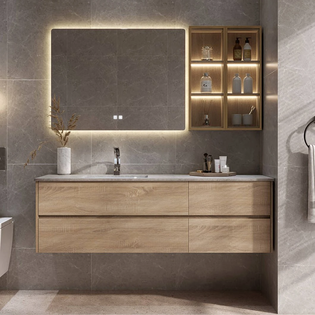 Fabriek aangepaste goedkope badkamer ijdelheid set LED waterdichte houten badkamermeubel LED spiegel slimme spiegelkast