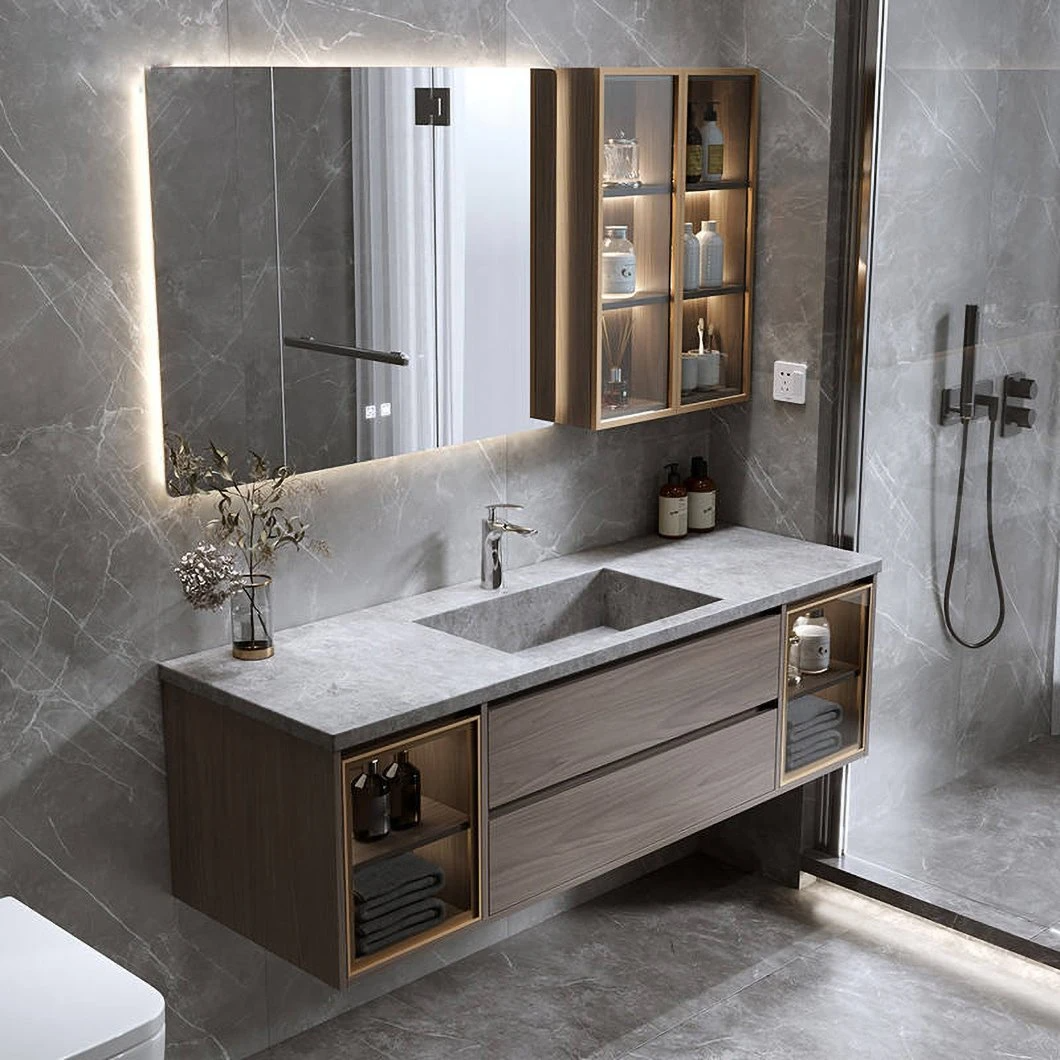 Fabriek aangepaste goedkope badkamer ijdelheid set LED waterdichte houten badkamermeubel LED spiegel slimme spiegelkast
