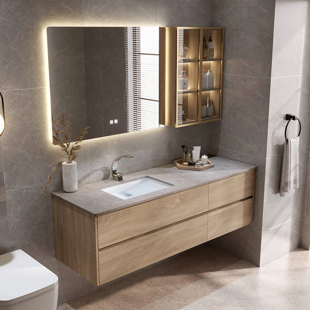 Fabriek aangepaste goedkope badkamer ijdelheid set LED waterdichte houten badkamermeubel LED spiegel slimme spiegelkast