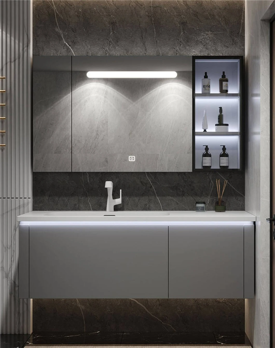 Hotel's goedkope gebruikte badkamer make-up spiegelkast set moderne dubbele marmeren badkamermeubel met wastafel