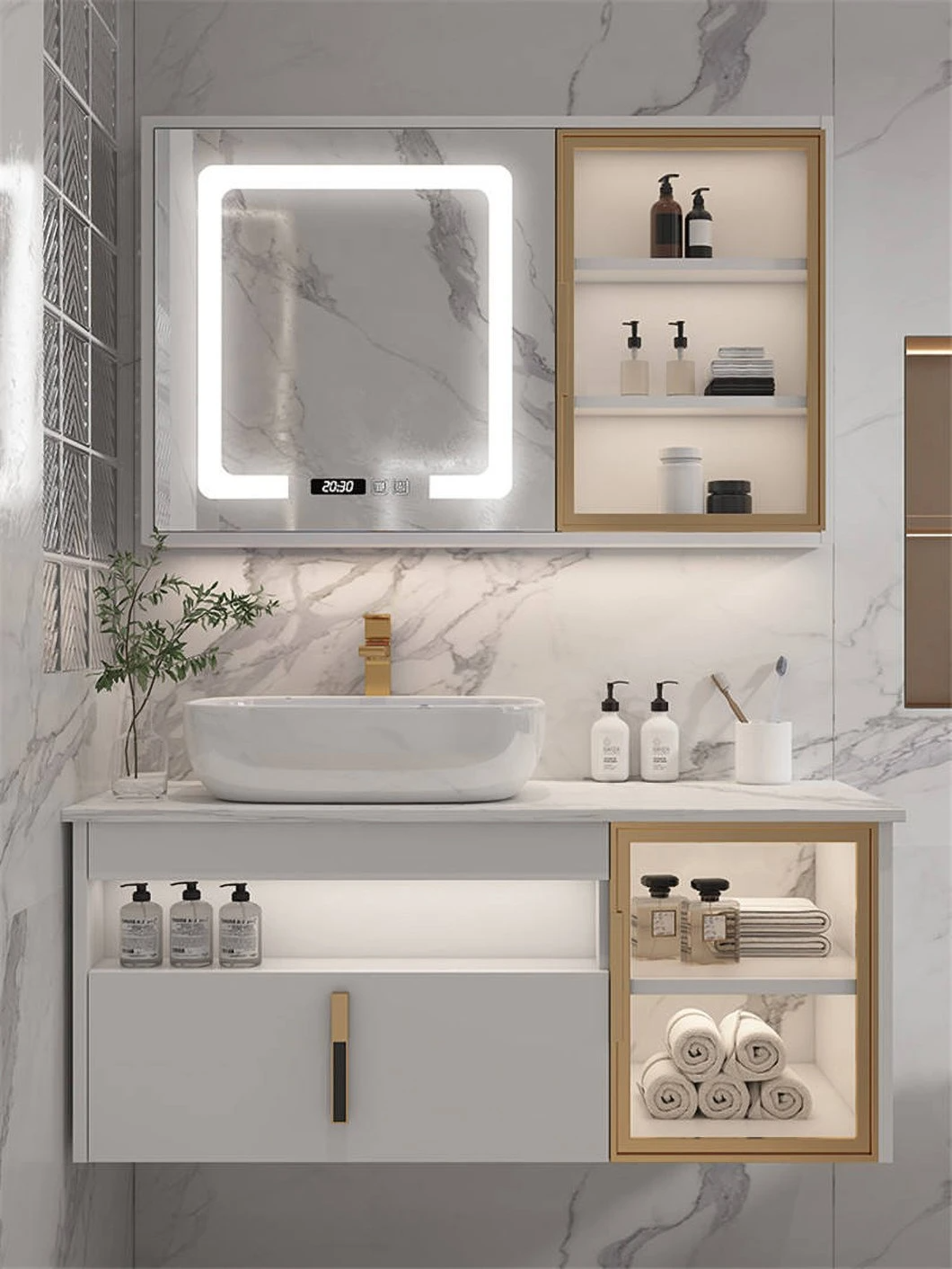 Hotel moderne badkamer dubbele wastafel ijdelheid waterdicht houten badkamermeubel met slimme spiegelkast