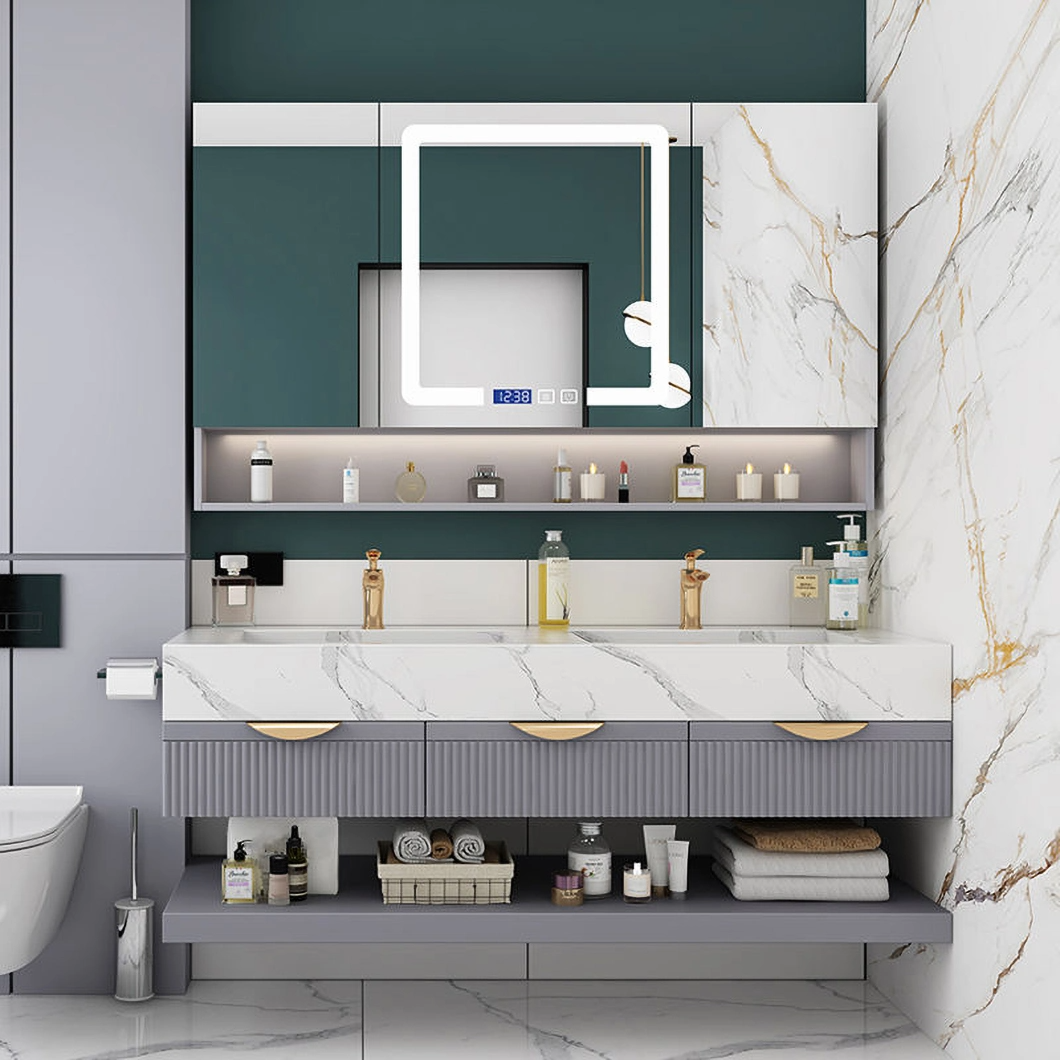Luxe marmeren badkamer dubbele wastafelkast Aluminium badkamerkast set met spiegelkast