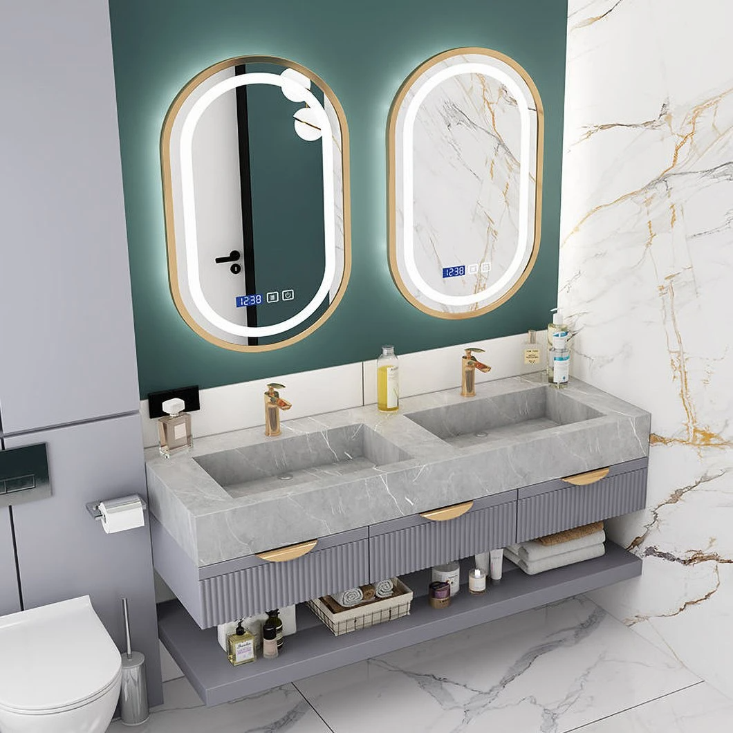 Luxe marmeren badkamer dubbele wastafelkast Aluminium badkamerkast set met spiegelkast
