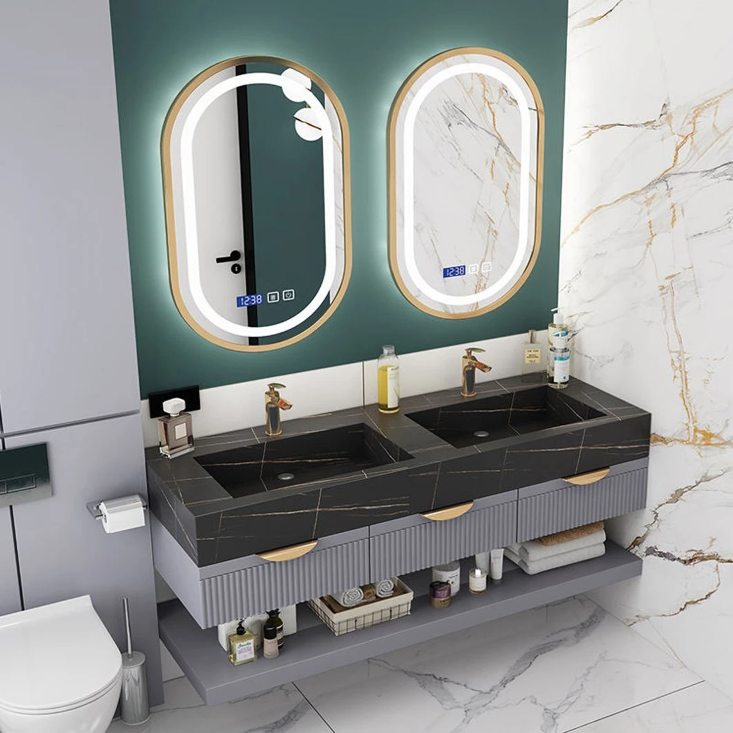 Luxe marmeren badkamer dubbele wastafelkast Aluminium badkamerkast set met spiegelkast