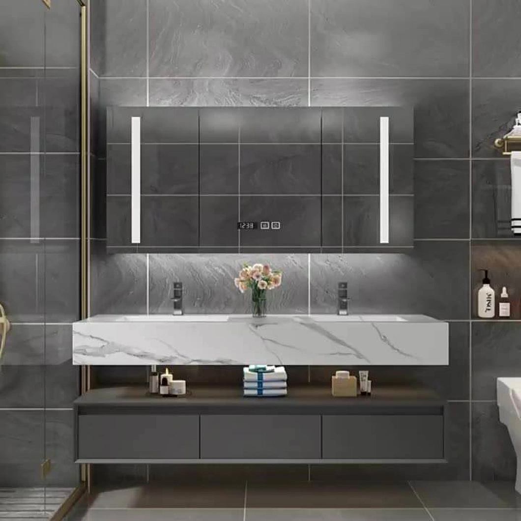 Luxe marmeren badkamer dubbele wastafelkast Aluminium badkamerkast set met spiegelkast