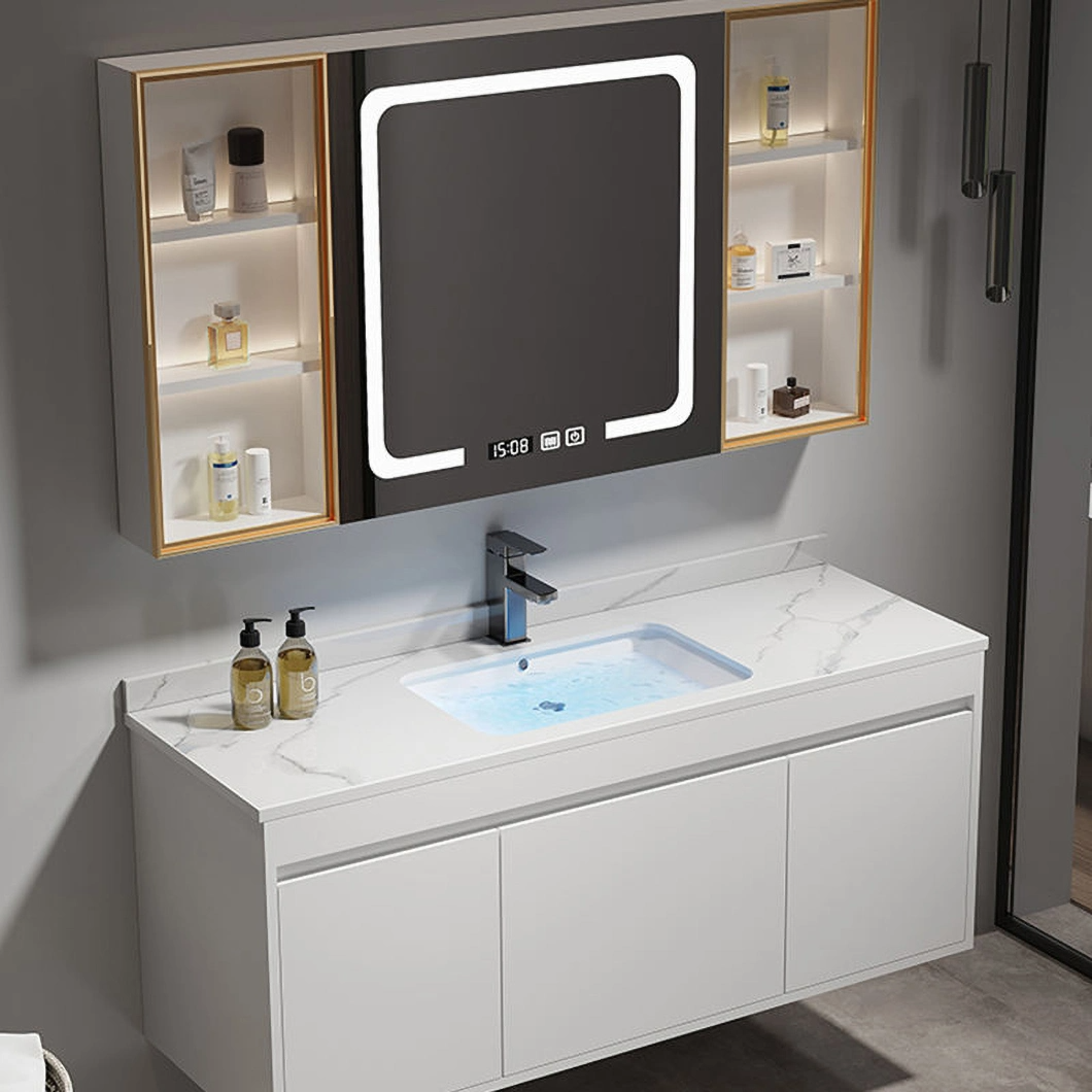 Moderne Massief Houten Was-en-Kleedkast Zwarte Badkamer Hoek Luxe Badkamerkast met Spiegelkast
