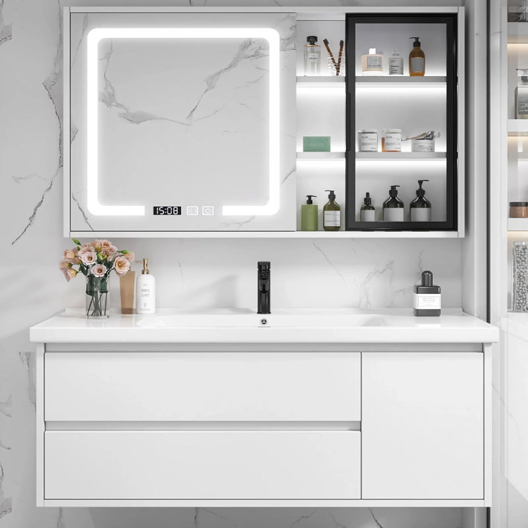 Moderne witte wandgemonteerde waterdichte medicijnkast badkamer eiken dressingkast met spiegelkast