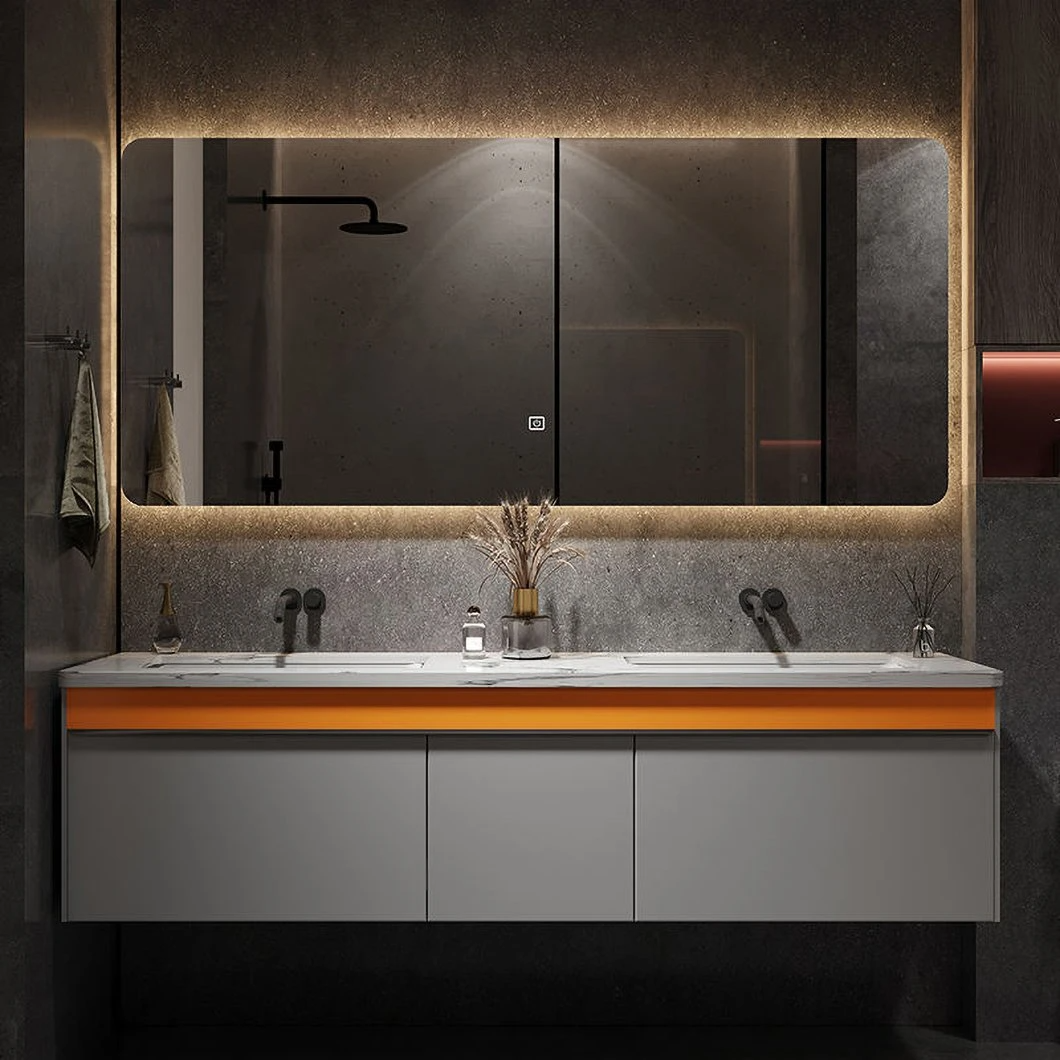 OEM Designer Custom Leisteen Licht Luxe Grijze Badkamer Hand Wastafel Massief Houten Kast Badkamer Kast Combinatie