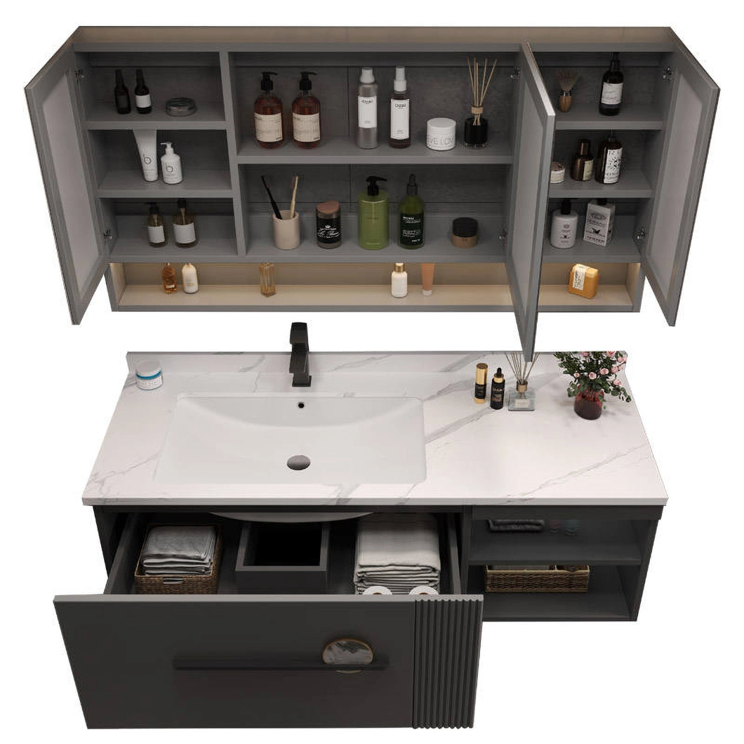 OEM Designer Custom Leisteen Licht Luxe Grijze Badkamer Hand Wastafel Massief Houten Kast Badkamer Kast Combinatie