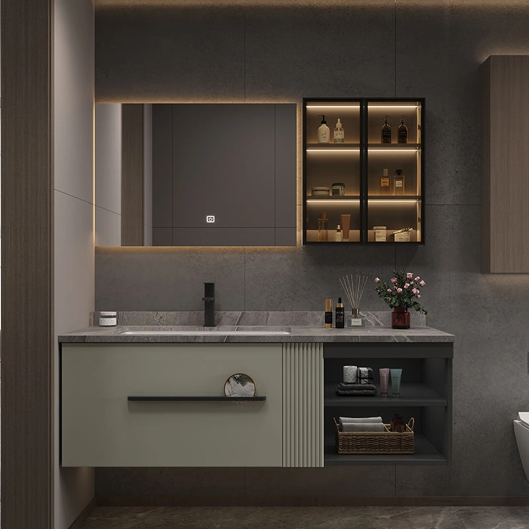 OEM Designer Custom Leisteen Licht Luxe Grijze Badkamer Hand Wastafel Massief Houten Kast Badkamer Kast Combinatie