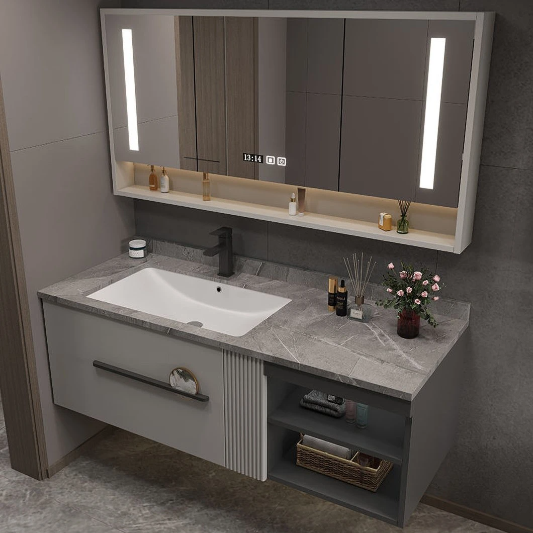 OEM Designer Custom Leisteen Licht Luxe Grijze Badkamer Hand Wastafel Massief Houten Kast Badkamer Kast Combinatie