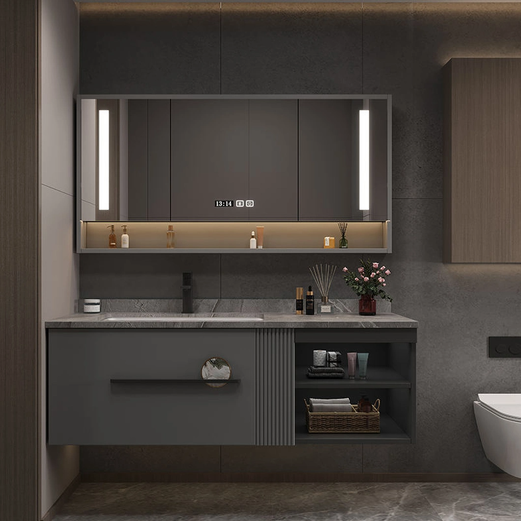 OEM Designer Custom Leisteen Licht Luxe Grijze Badkamer Hand Wastafel Massief Houten Kast Badkamer Kast Combinatie