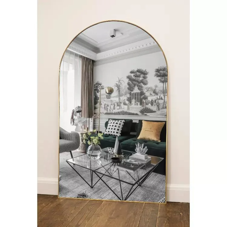 Aangepaste groothandel grote grote boog metalen omlijst goud volledige lengte lichaam lange dressing staande vloer wandspiegel