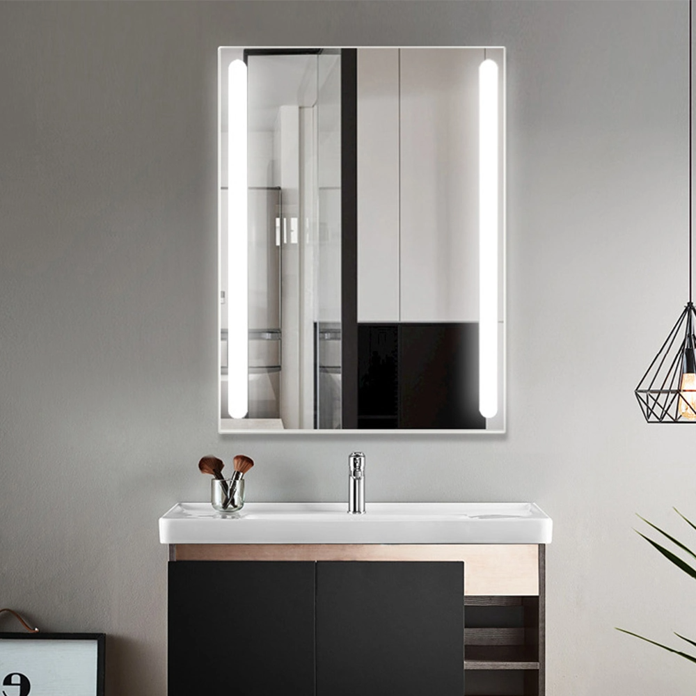 Vierkante rechthoek wandgemonteerde LED-verlichte badkamer make-up spiegel Woondecoratie met anti-condensfunctie Glazen spiegel Smart Home