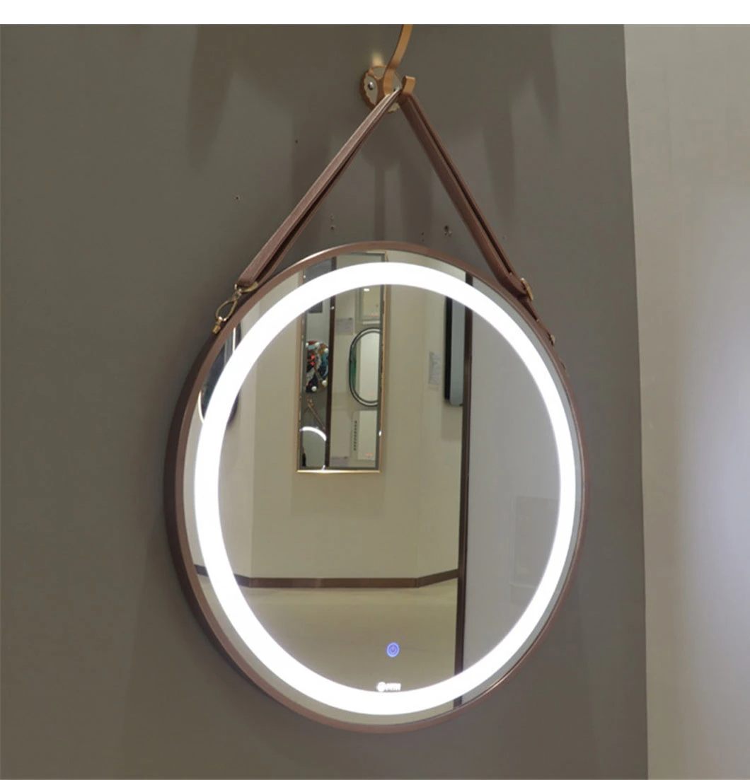 Wand Badkamer LED Ronde Spiegel met Leren Riem Riem Slimme Spiegel Wandspiegel Woondecoratie Bluetooth Make-up Spiegel Badkamer Accessoires Salon Meubels