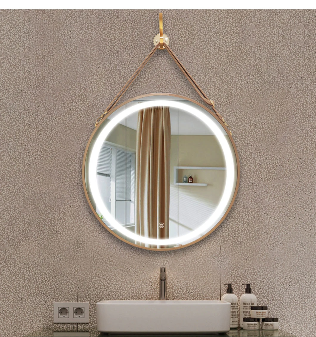 Wand Badkamer LED Ronde Spiegel met Leren Riem Riem Slimme Spiegel Wandspiegel Woondecoratie Bluetooth Make-up Spiegel Badkamer Accessoires Salon Meubels