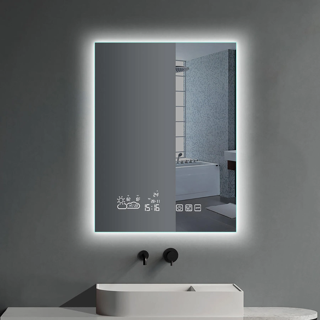 Rechthoekige LED-slimme badkamerspiegel met achtergrondverlichting en temperatuur/digitale klok/kalenderweergave